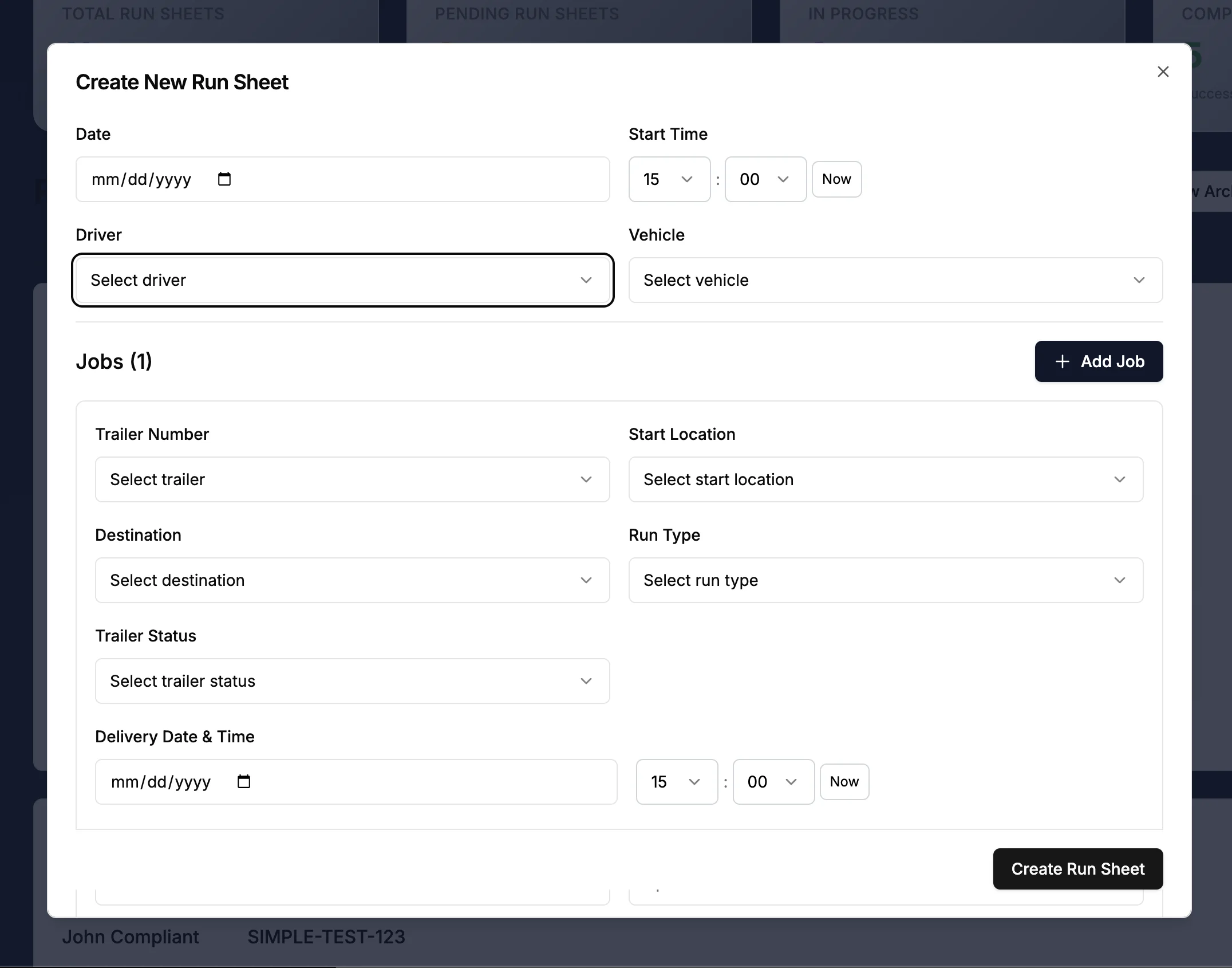 FleetPad internal run-sheet creation workflow