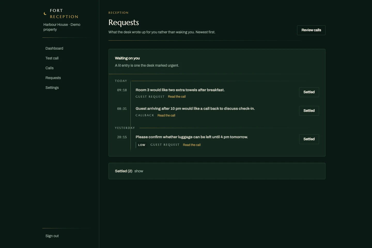 Fort Reception requests screen showing fictional guest requests for the owner to review
