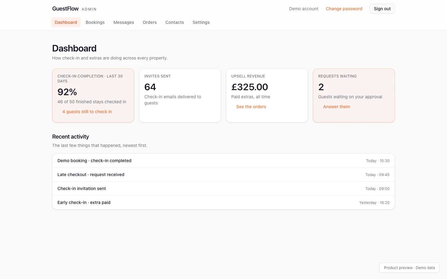 GuestFlow actual host dashboard rendered locally with fictional demo figures and activity