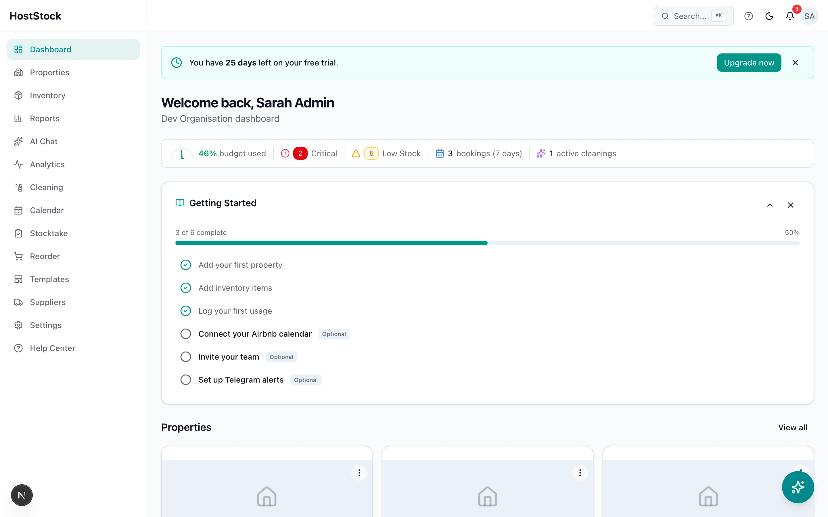 HostStock operations dashboard showing inventory, properties and cleaning tasks with demo data
